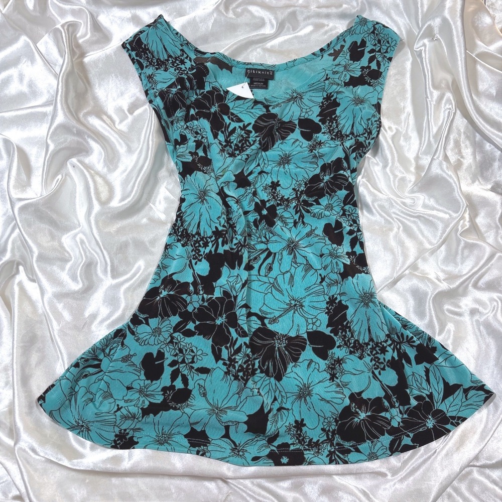 y2k Citiknits Tank Top Turquoise New Floral Hibiscus Sleeveless Scoop Neck 3010